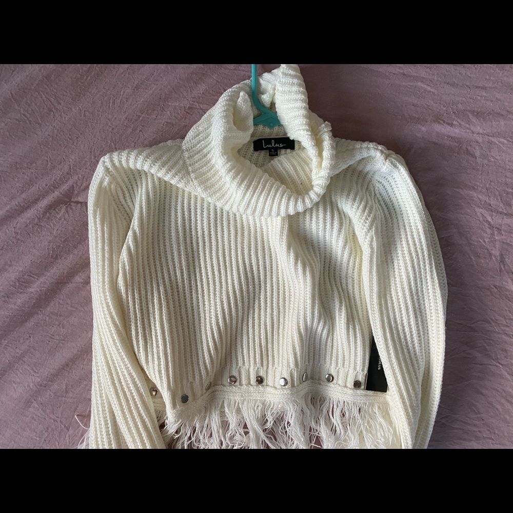 lulus freethinker cream fringe cropped sweater